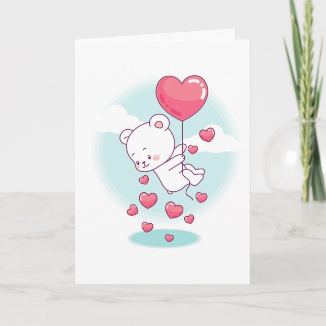 Teddy Bear Heart Balloons Personalised Valentine Holiday Card (Front)