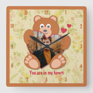 Teddy bear heart valentine's day vintage floral square wall clock