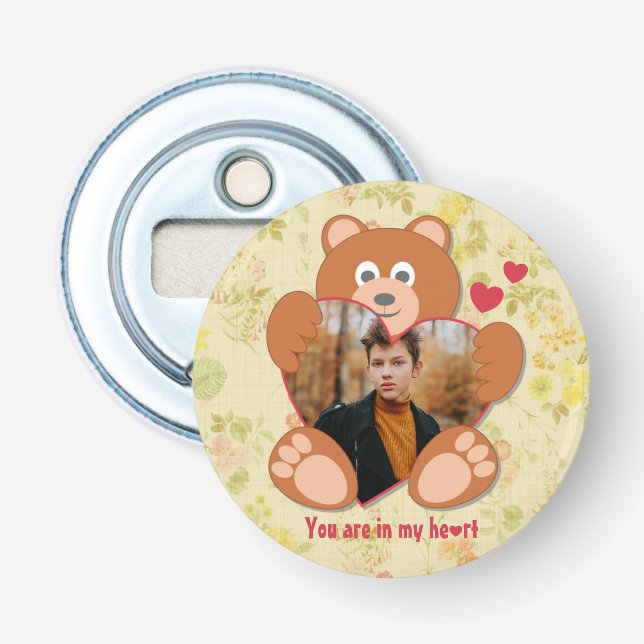 Teddy Bear Holding Heart Photo Valentine's Day Bottle Opener (Front)