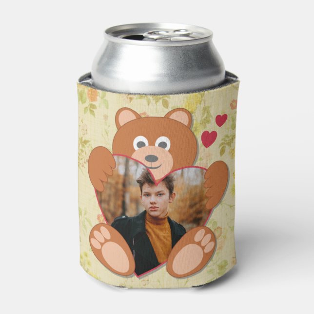 Teddy Bear Holding Heart Photo Valentine's Day Can Cooler (Can Front)