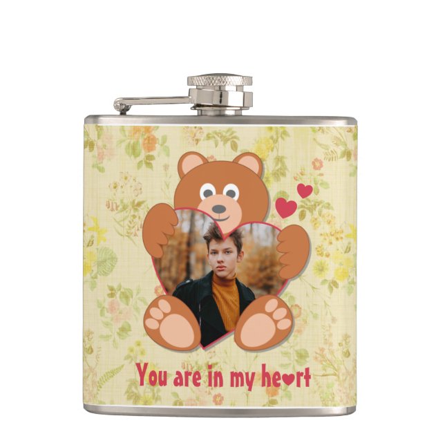 Teddy Bear Holding Heart Photo Valentine's Day Hip Flask (Front)