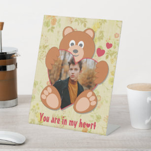 Teddy Bear Holding Heart Photo Valentine's Day Pedestal Sign