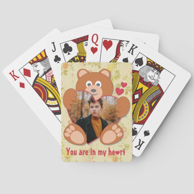 Teddy Bear Holding Heart Photo Valentine's Day Playing Cards (Back)