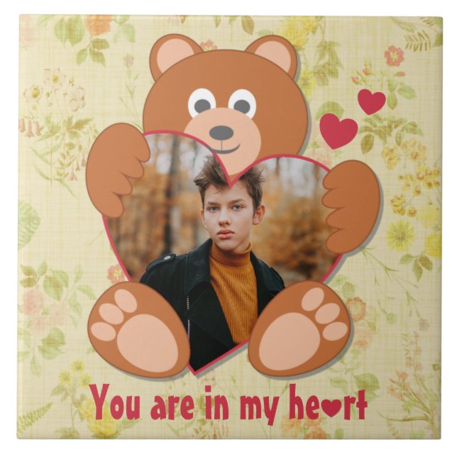 Teddy Bear Holding Heart Photo Valentine's Day Tile (Front)