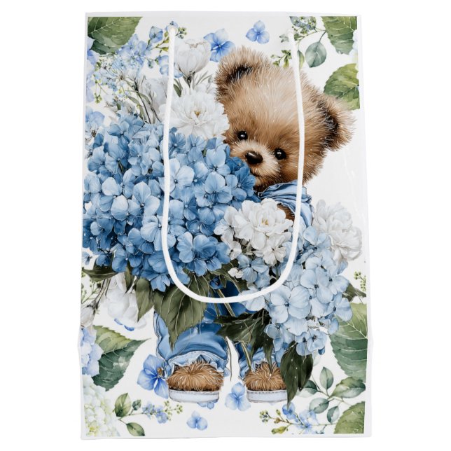 Teddy Bear Holds Hydrangea Flowers Medium Gift Bag (Back)