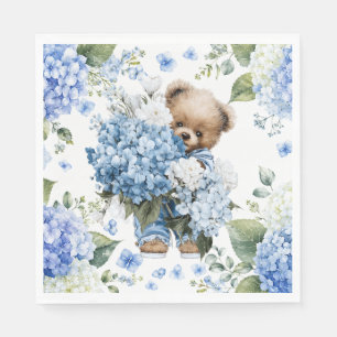 Teddy Bear Holds Hydrangea Flowers Napkin