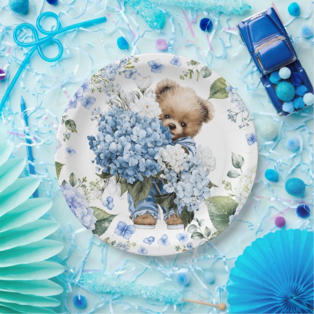 Teddy Bear Holds Hydrangea Flowers Paper Plate (Party)