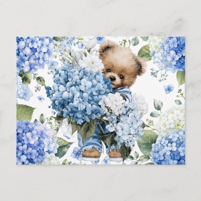Teddy Bear Holds Hydrangea Flowers Postcard (Front)