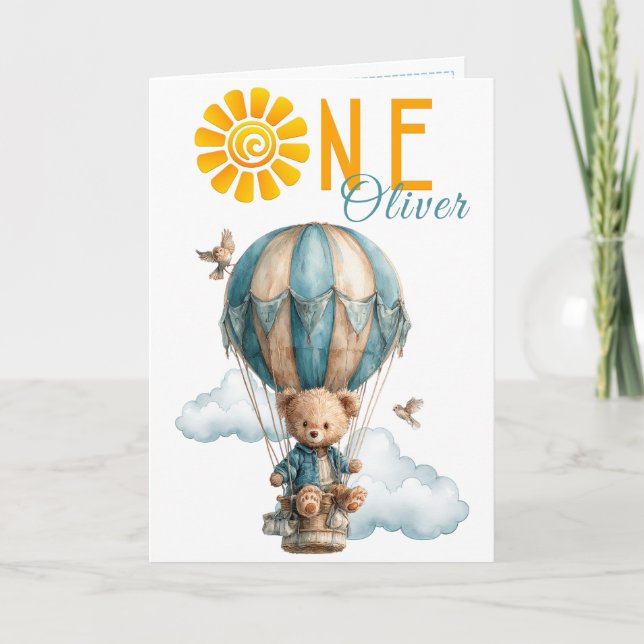 Teddy Bear Hot Air Balloon 1st Birthday Card (Front)
