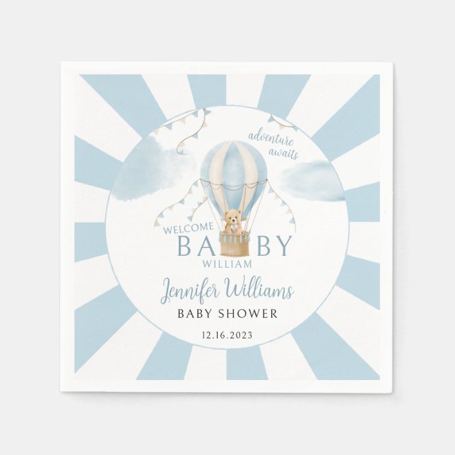 Teddy bear hot air balloon baby boy shower napkin (Front)