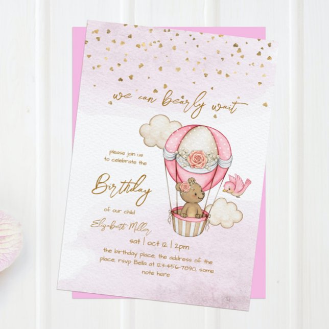 Teddy Bear Hot Air Balloon Baby Girl 1st Birthday  Invitation (Creator Uploaded)