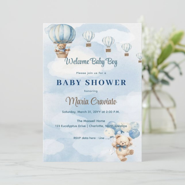  Teddy Bear Hot Air Balloon Baby Shower Invitation (Standing Front)