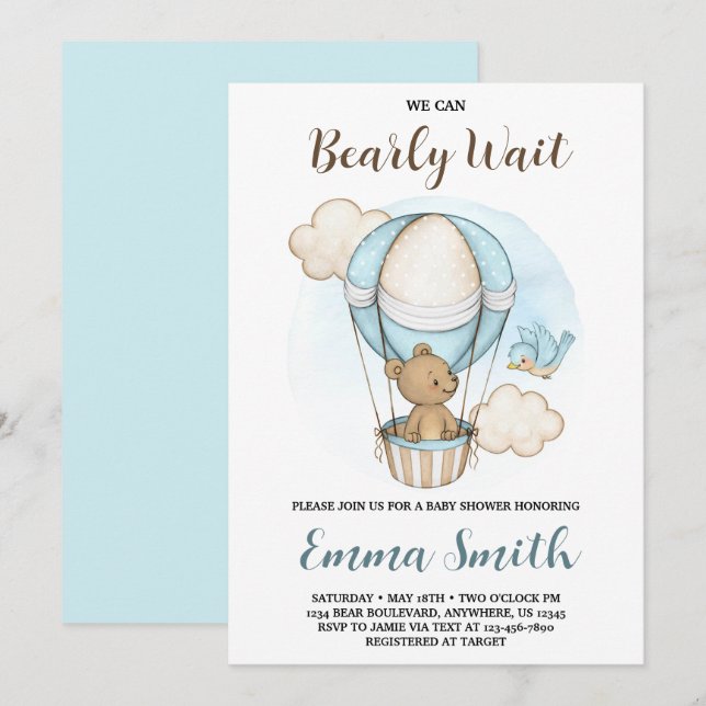 Teddy Bear Hot Air Balloon Baby Shower Invitation (Front/Back)