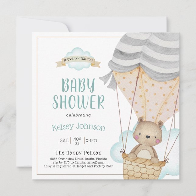 Teddy Bear Hot Air Balloon Baby Shower Invitation (Front)