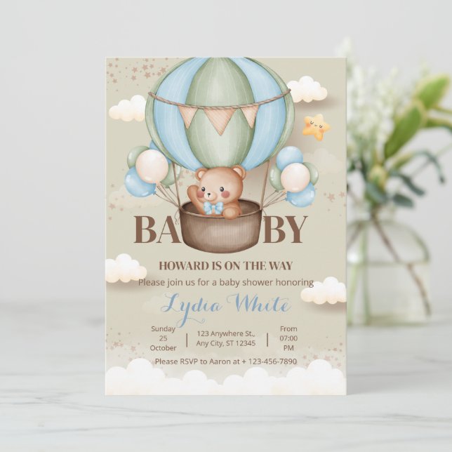 Teddy Bear Hot Air Balloon Baby Shower Oh Baby Invitation (Standing Front)