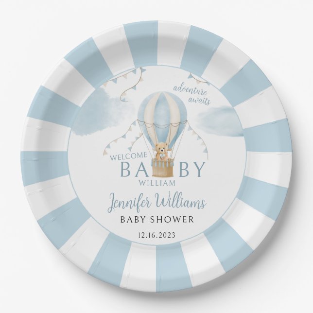 Teddy bear hot air balloon baby shower paper plate (Front)