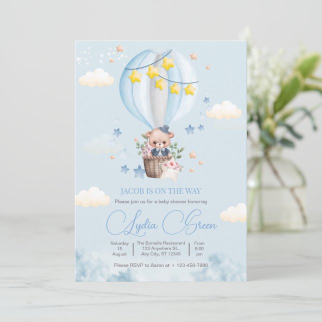 Teddy Bear Hot Air Balloon Bear Baby Shower Boy Invitation (Standing Front)