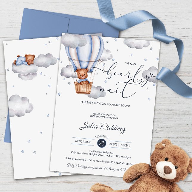 Teddy Bear Hot Air Balloon Bearly Wait Baby Shower Invitation (Creator Uploaded)