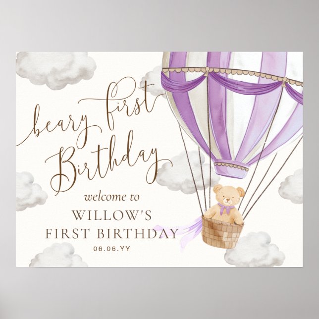 Teddy Bear Hot Air Balloon Beary First Birthday Poster (Front)