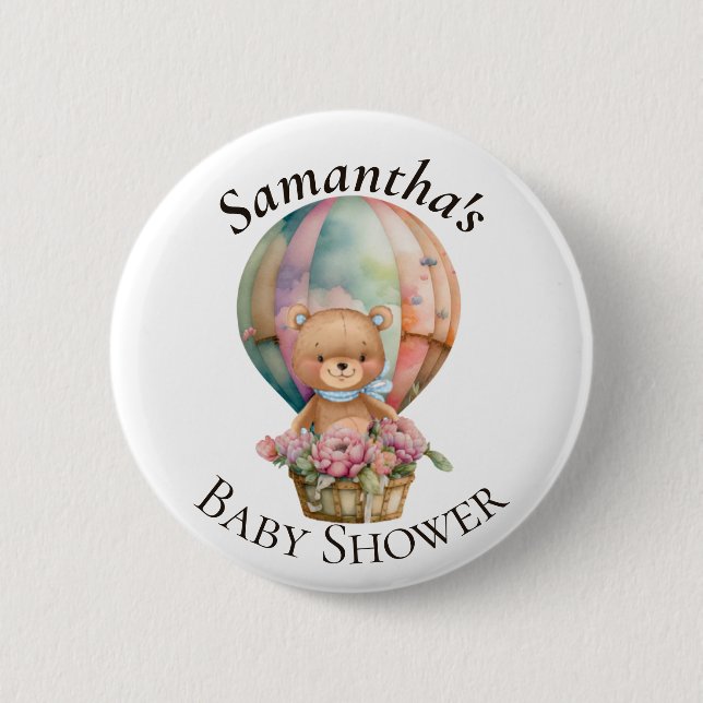 Teddy Bear Hot Air Balloon Blue Baby Shower 6 Cm Round Badge (Front)
