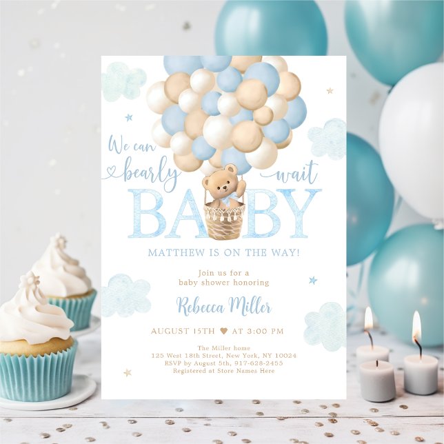 Teddy Bear Hot Air Balloon Blue Boy Baby Shower Invitation (Creator Uploaded)