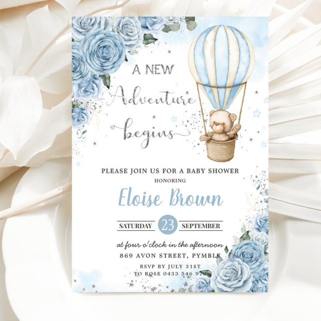 Teddy Bear Hot Air Balloon Blue Floral Baby Shower Invitation (Creator Uploaded)