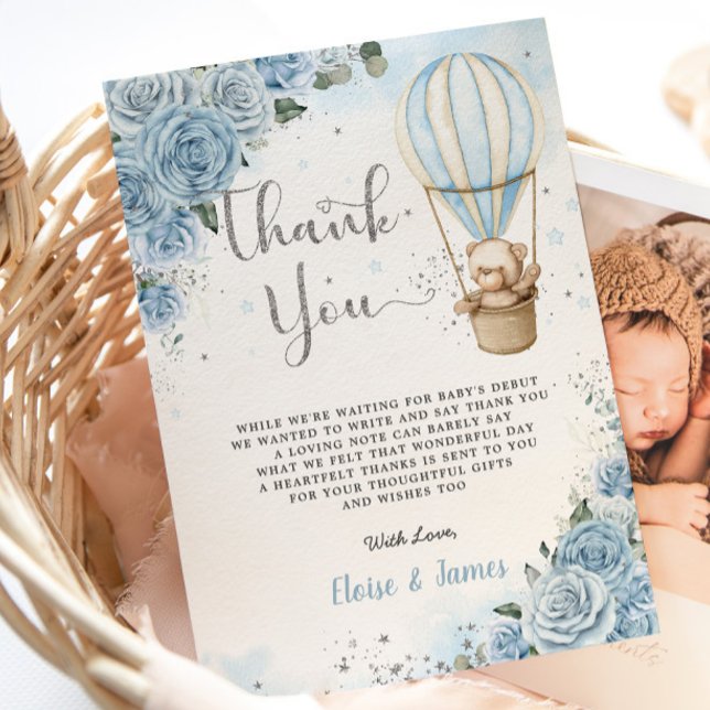 Teddy Bear Hot Air Balloon Blue Floral Baby Shower Thank You Card (Creator Uploaded)