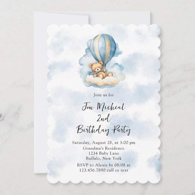 Teddy Bear Hot Air Balloon Boy Any Age Birthday Invitation (Front)