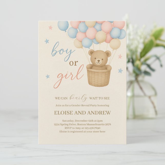 Teddy Bear Hot Air Balloon Gender Reveal Invitation (Standing Front)