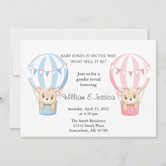 Teddy Bear Hot Air Balloon Gender Reveal Invitation (Front)