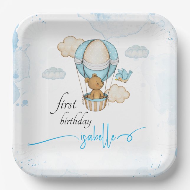 Teddy Bear Hot Air Balloon girl birthday  Paper Plate (Front)