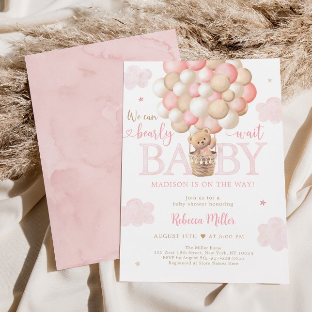 Teddy Bear Hot Air Balloon Pink Girl Baby Shower Invitation (Creator Uploaded)
