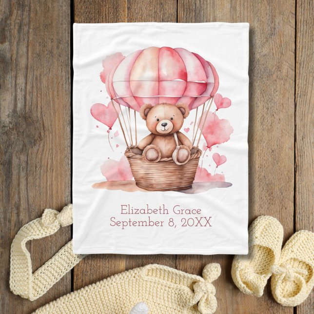 Teddy Bear Hot Air Balloon Pink Girl Gift Baby Fleece Blanket (Pink Teddy Bear in Hot Air Balloon Monogram name birth stats birthday baby blanket baby girl)