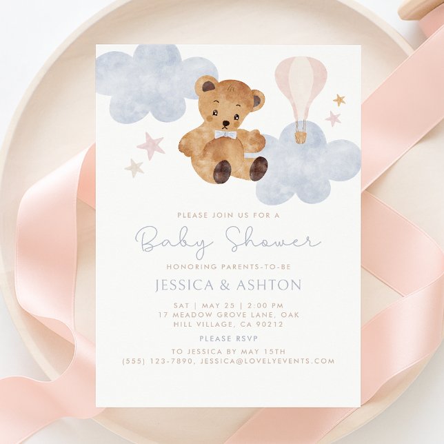 Teddy Bear & Hot Air Balloon Watercolor Baby Showe Invitation (Creator Uploaded)