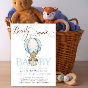 Teddy Bear Hot Balloon Boy Bearly Wait Baby Shower Invitation
