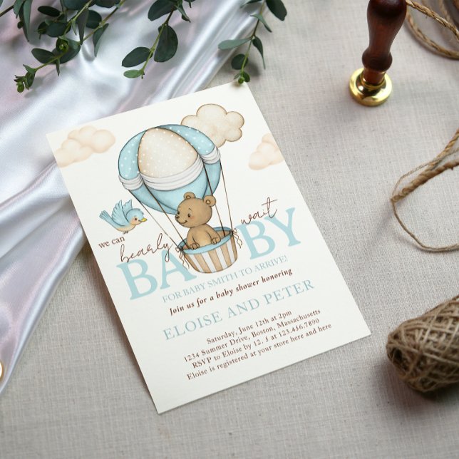 Teddy Bear hot Balloon Boy Bearly Wait Baby Shower Invitation (Hot Air Balloon Baby Shower invitation card)