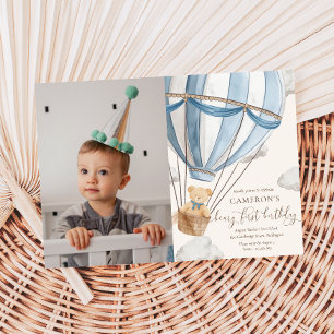 Teddy Bear Hot Hair Balloon First Birthday Photo Invitation