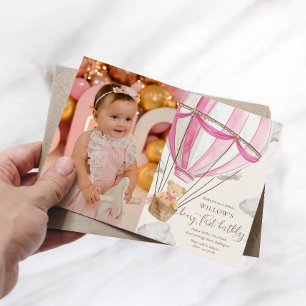 Teddy Bear Hot Hair Balloon First Birthday Photo Invitation