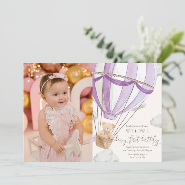 Teddy Bear Hot Hair Balloon First Birthday Photo Invitation (Standing Front)
