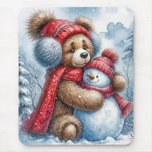 Teddy Bear Hugging a Snowman Mouse Mat (Front)