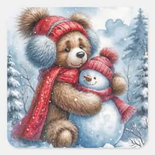 Teddy Bear Hugging a Snowman Square Sticker