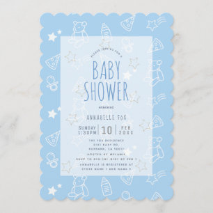 Teddy Bear Ice Cream Pizza Blue Baby Shower Invitation