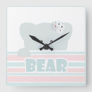 Teddy bear illustration kids childish print square wall clock