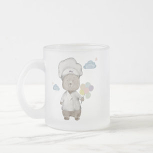 teddy bear in a chef's hat with balloons coffee mu frosted glass coffee mug