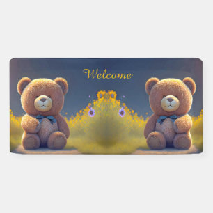 Teddy bear in a meadow, cute baby shower  banner
