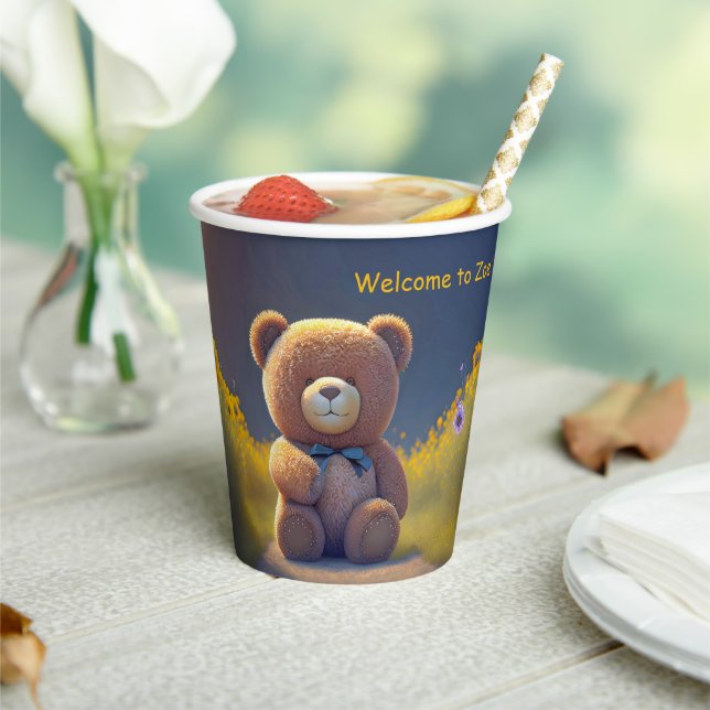 Teddy bear in a meadow, cute custom  paper cups (Insitu)