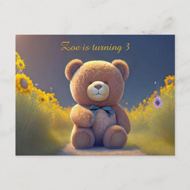 Teddy bear in a meadow, cute kids any age  invitation postcard (Front)