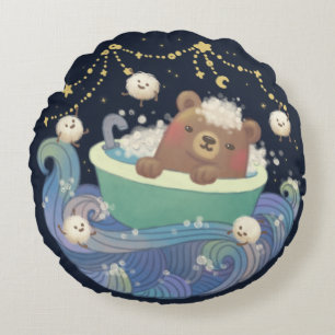 Teddy Bear in Bathtub Boat with Fluffy Monsters Round Cushion
