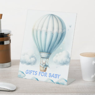 Teddy Bear in Blue Balloon Baby Shower Cards Gifts Pedestal Sign