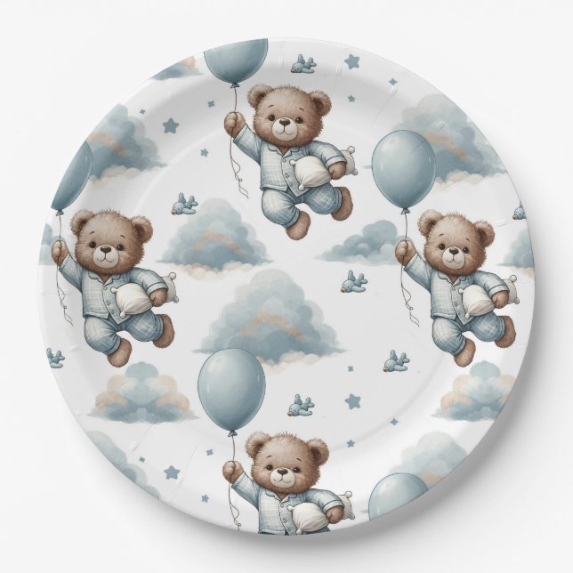 Teddy Bear in Blue Pyjamas  Paper Plate (Front)